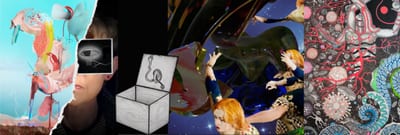 Digitale Collage aus Bildausschnitten: KATRIN SALENTIN, Folded Backward, 2022 | MARIA KORPORAL, QURIOUS-QAOS, 2026 | KATIA SOPHIA DITZLER, Wir stammen von denselben Eukaryoten ab (Videostill), 2023 | ALA LERESTEUX, Hemathurgy, 2025